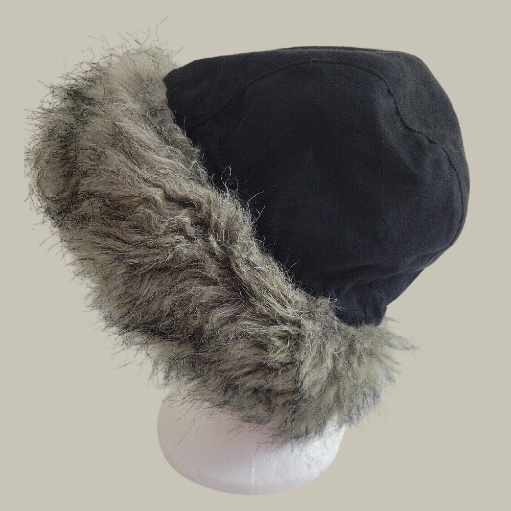 Nine West Winter Hat Russian Cossack Faux Fur Trim Fleece Lined Black Gray OS